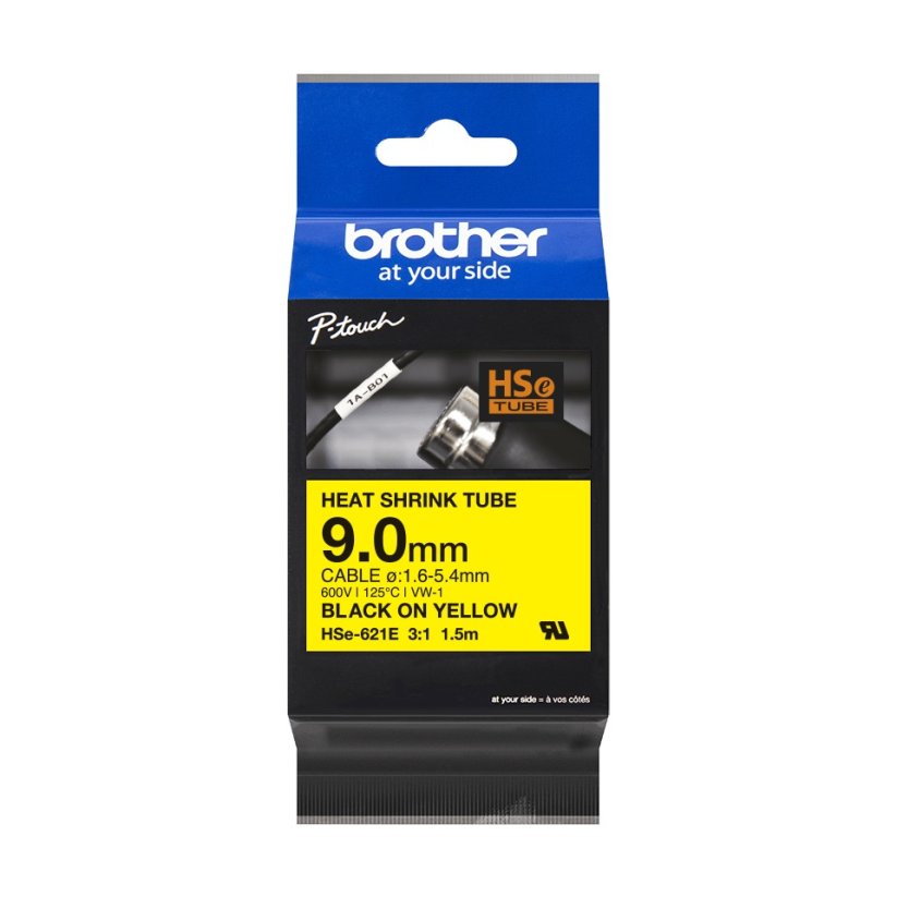 Zmršťovacia bužírka BROTHER HSe621E čierne písmo, žltá bužírka TUBE (9mm)