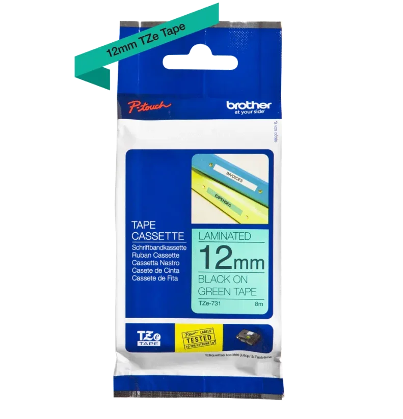 BROTHER TZE-731 čierna na zelenej 12 mm