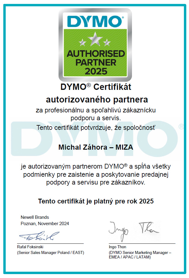 DYMO Certifikát autorizovaného partnera 2025