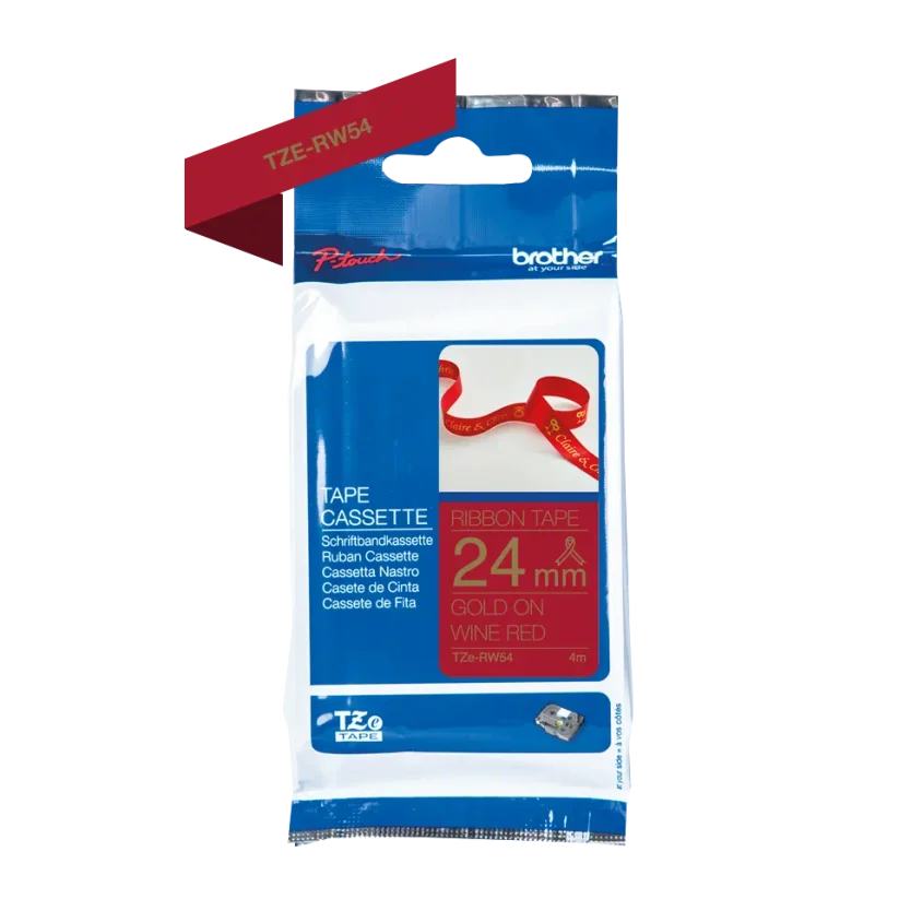 Páska Brother TZe-RW54 s textilnou páskou, zlatá na vínovo-červenej - šírka 24 mm