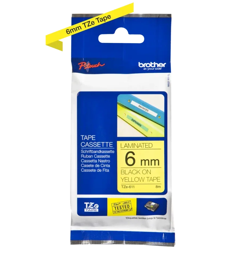 BROTHER TZE-611 čierna na žltom 6 mm