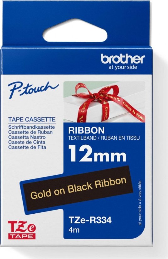 Páska Brother TZe-R334 s textilnou páskou, zlatá na čiernej, 12 mm